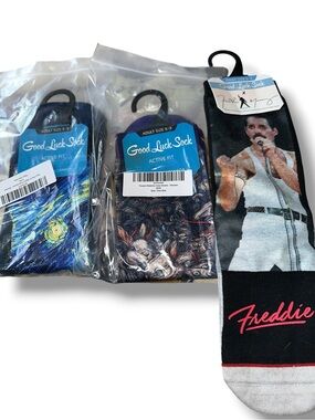 GOOD LUCK SOCK Freddie Mercury Monet Rabbits Crew Socks - Black/Grey UNISEX